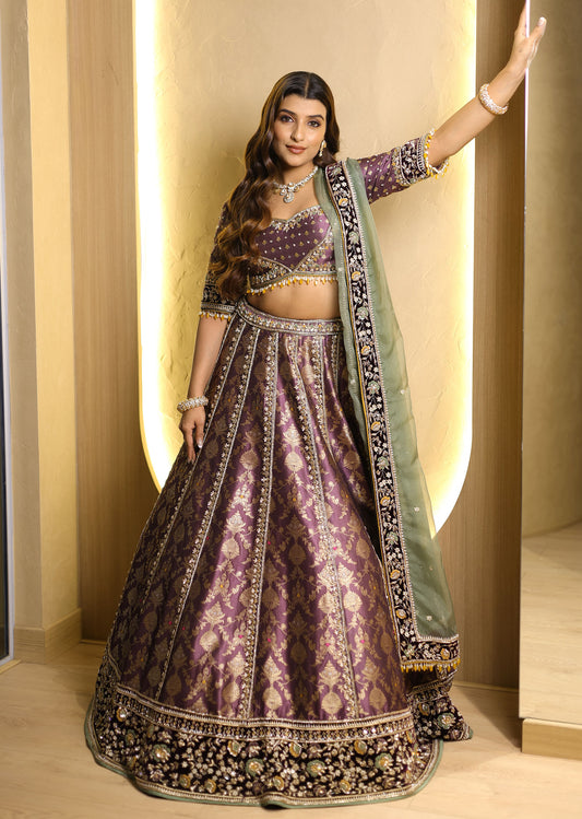 Rich Purple Zari-Resham Embellished Lehenga Paired with Contrast Sage Green Dupatta