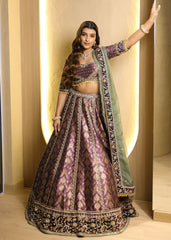 Rich Purple Zari-Resham Embellished Lehenga Paired with Contrast Sage Green Dupatta