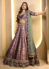 Rich Purple Zari-Resham Embellished Lehenga Paired with Contrast Sage Green Dupatta