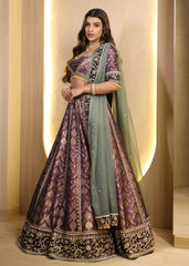 Rich Purple Zari-Resham Embellished Lehenga Paired with Contrast Sage Green Dupatta