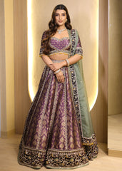 Rich Purple Zari-Resham Embellished Lehenga Paired with Contrast Sage Green Dupatta