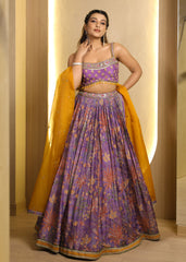 Soft Purple Floral Print Lehenga with Subtle Embroidery & Mustard Dupatta