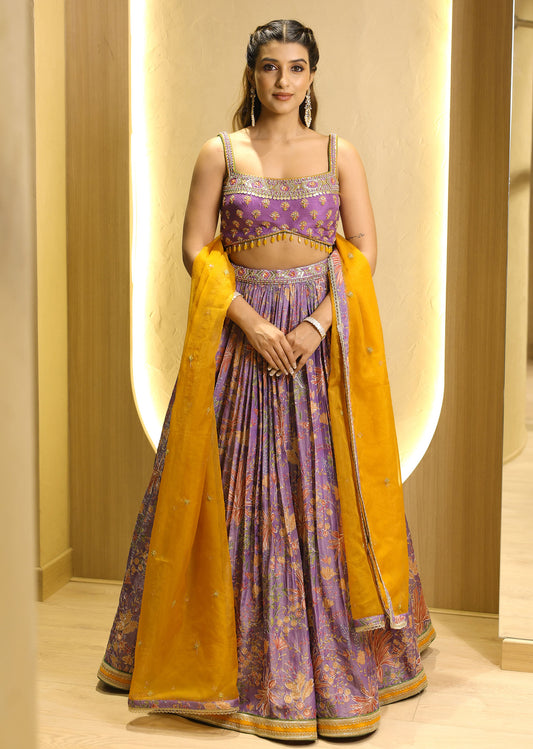 Soft Purple Floral Print Lehenga with Subtle Embroidery & Mustard Dupatta
