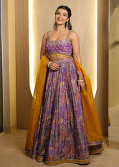Soft Purple Floral Print Lehenga with Subtle Embroidery & Mustard Dupatta