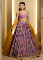 Soft Purple Floral Print Lehenga with Subtle Embroidery & Mustard Dupatta
