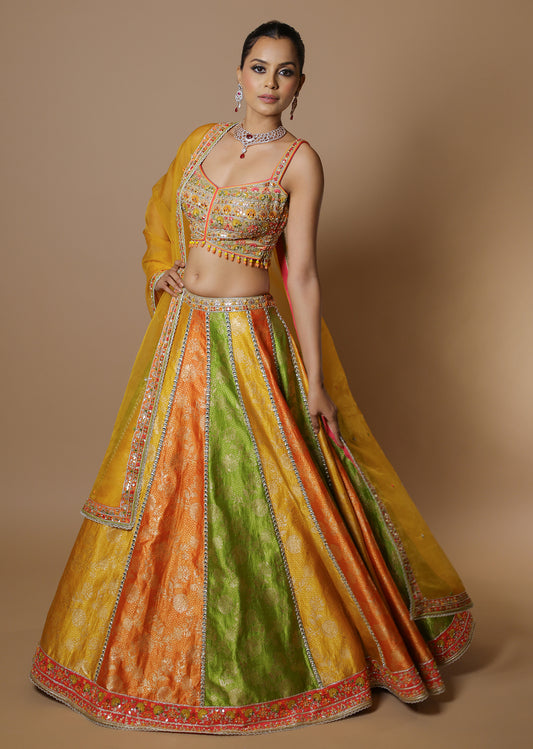 Multicolor raw silk panelled embroidered lehenga set