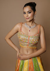 Multicolor raw silk panelled embroidered lehenga set