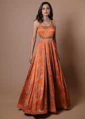 Embellished peachy Orange Floral printed sidecut Anarkali Gown
