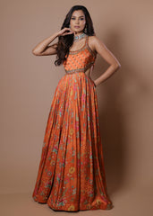 Embellished peachy Orange Floral printed sidecut Anarkali Gown
