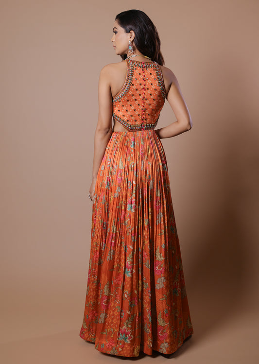 Embellished peachy Orange Floral printed sidecut Anarkali Gown