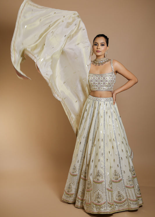 Ivory mirror and thread embroidered lehenga set