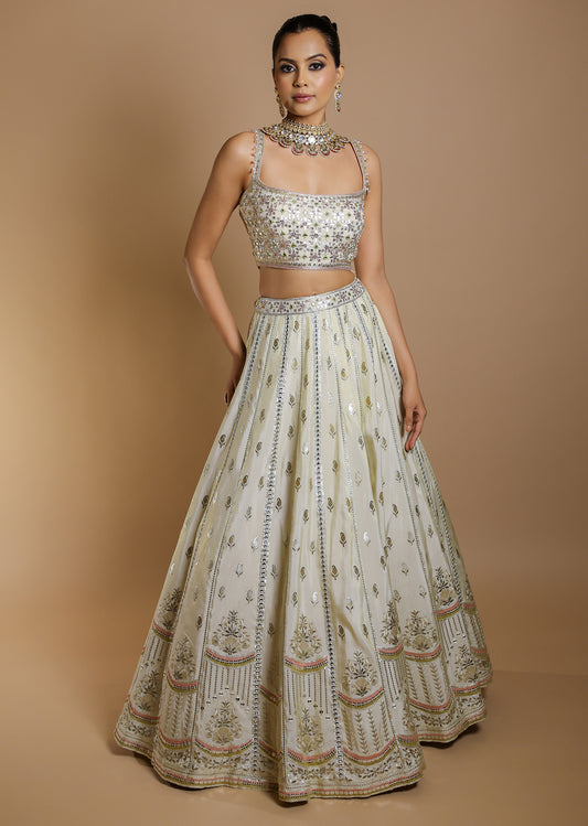 Ivory mirror and thread embroidered lehenga set