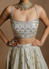 Ivory mirror and thread embroidered lehenga set