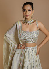Ivory mirror and thread embroidered lehenga set