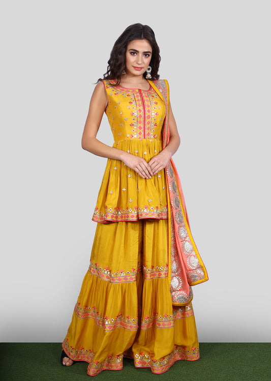 Haldi Yellow Folk Sharara Suit