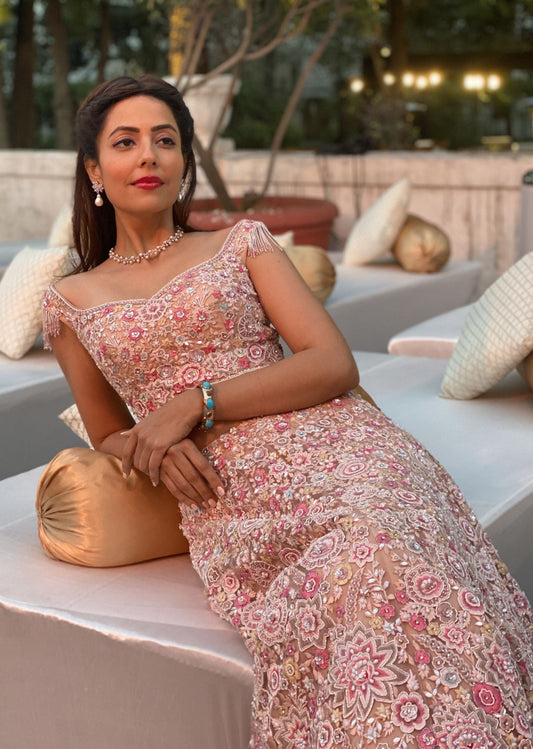 Poppy Jabal - Studded Pink Floral Lehenga Set