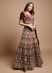 Maroon Velvet Archaic Lehenga Set