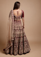 Maroon Velvet Archaic Lehenga Set