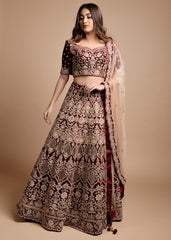 Maroon Velvet Archaic Lehenga Set