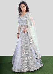 Pale Blue Floral Lattice Anarkali Lehenga Set