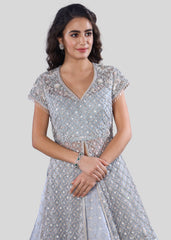 Pale Blue Floral Lattice Anarkali Lehenga Set