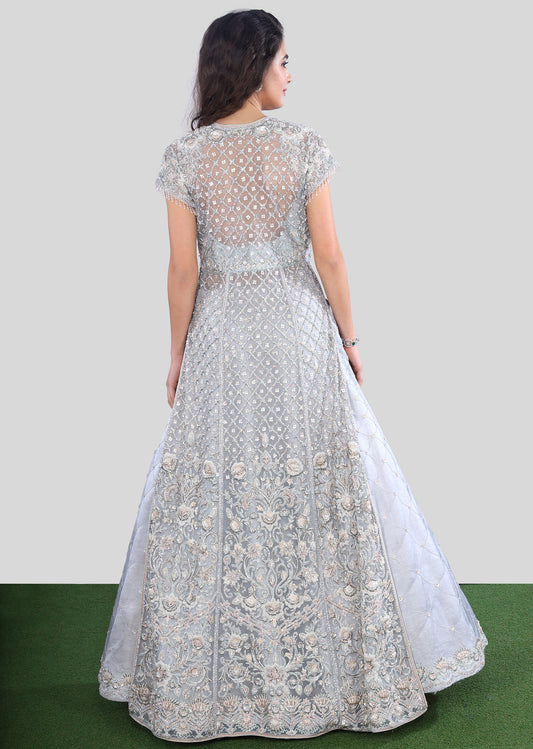 Pale Blue Floral Lattice Anarkali Lehenga Set