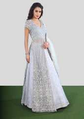 Pale Blue Floral Lattice Anarkali Lehenga Set