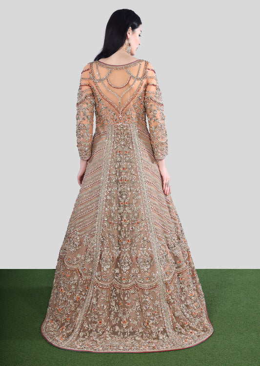 Peach And Grey Bridal Trail Anarkali Lehenga Set