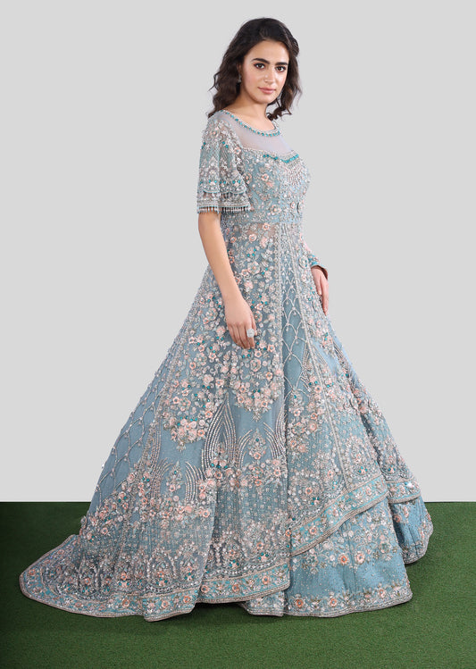 Sky Blue Trail Anarkali Lehenga Bridal Set