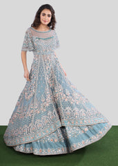 Sky Blue Trail Anarkali Lehenga Bridal Set