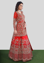 Red Orange Bridal Layered Kurta Lehenga Set