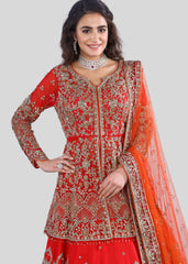 Red Orange Bridal Layered Kurta Lehenga Set