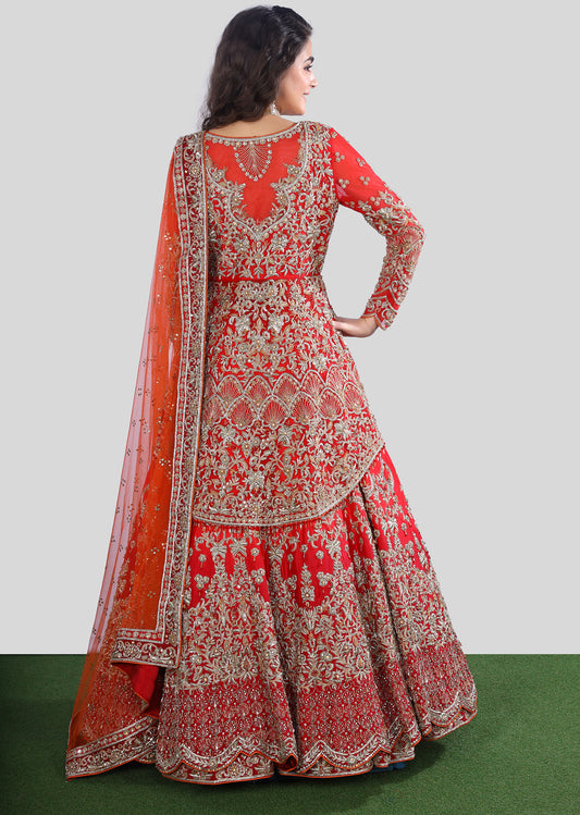 Red Orange Bridal Layered Kurta Lehenga Set