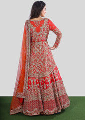 Red Orange Bridal Layered Kurta Lehenga Set