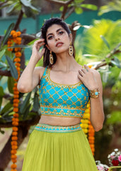 Turquoise And Green Mirrorwork Lehenga Set
