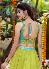 Turquoise And Green Mirrorwork Lehenga Set