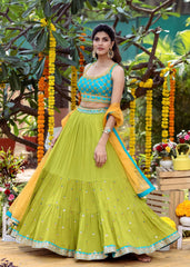 Turquoise And Green Mirrorwork Lehenga Set