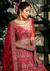 Cerise Pink And Red Abstract Nature Lehenga Set
