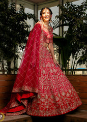 Cerise Pink And Red Abstract Nature Lehenga Set