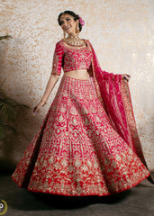 Cerise Pink And Red Abstract Nature Lehenga Set