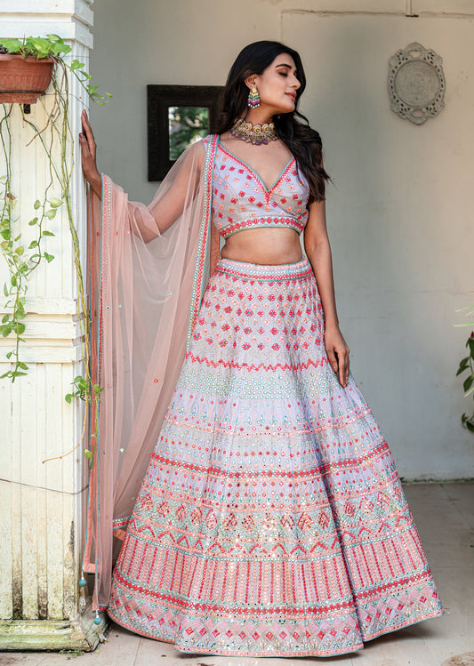 Lavender Multicolored Mirrorwork Lehenga Set