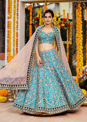 Deep Cyan Floral Bridal Lehenga Set