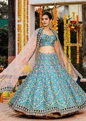 Deep Cyan Floral Bridal Lehenga Set