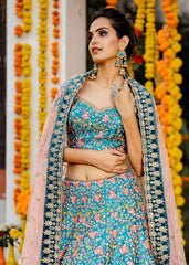 Deep Cyan Floral Bridal Lehenga Set