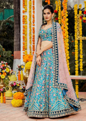 Deep Cyan Floral Bridal Lehenga Set