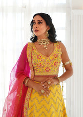 Minal - Aureolin Yellow Chevron Lehenga Set