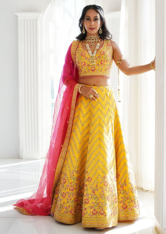 Minal - Aureolin Yellow Chevron Lehenga Set