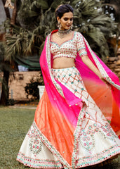 Ivory And Pink Mirrorwork Lehenga Set