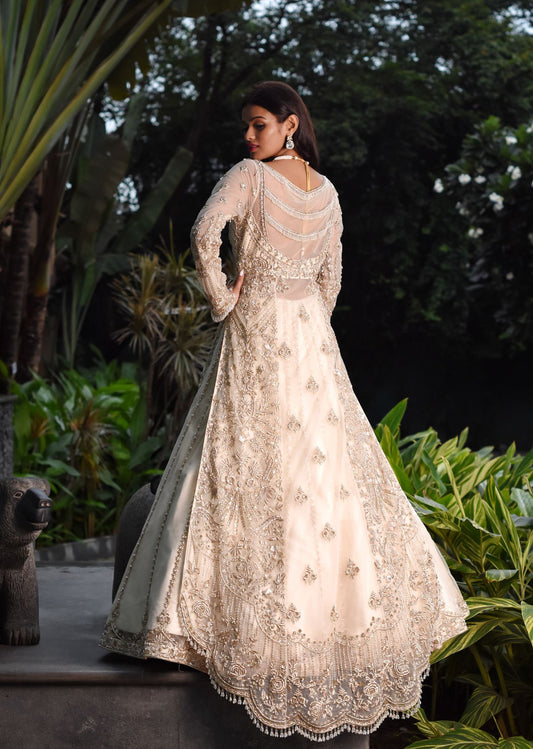 Ivory And Gold Anarkali Lehenga Set
