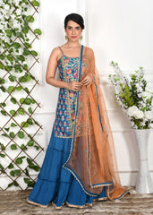 Royal Blue Floral Tiered Sharara Set